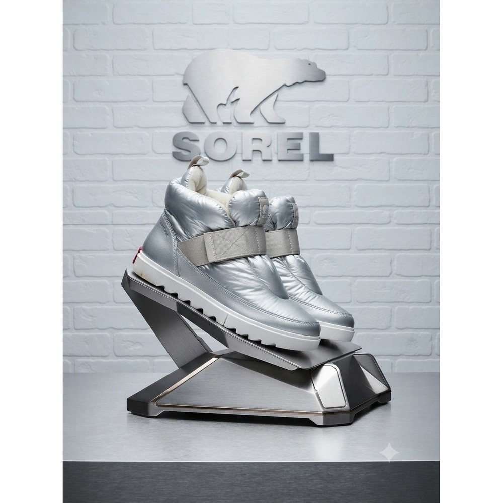 Sorel Explorer Joan Waterproof Metallic Silver Puffer Boots NL3749-034 Womens 8